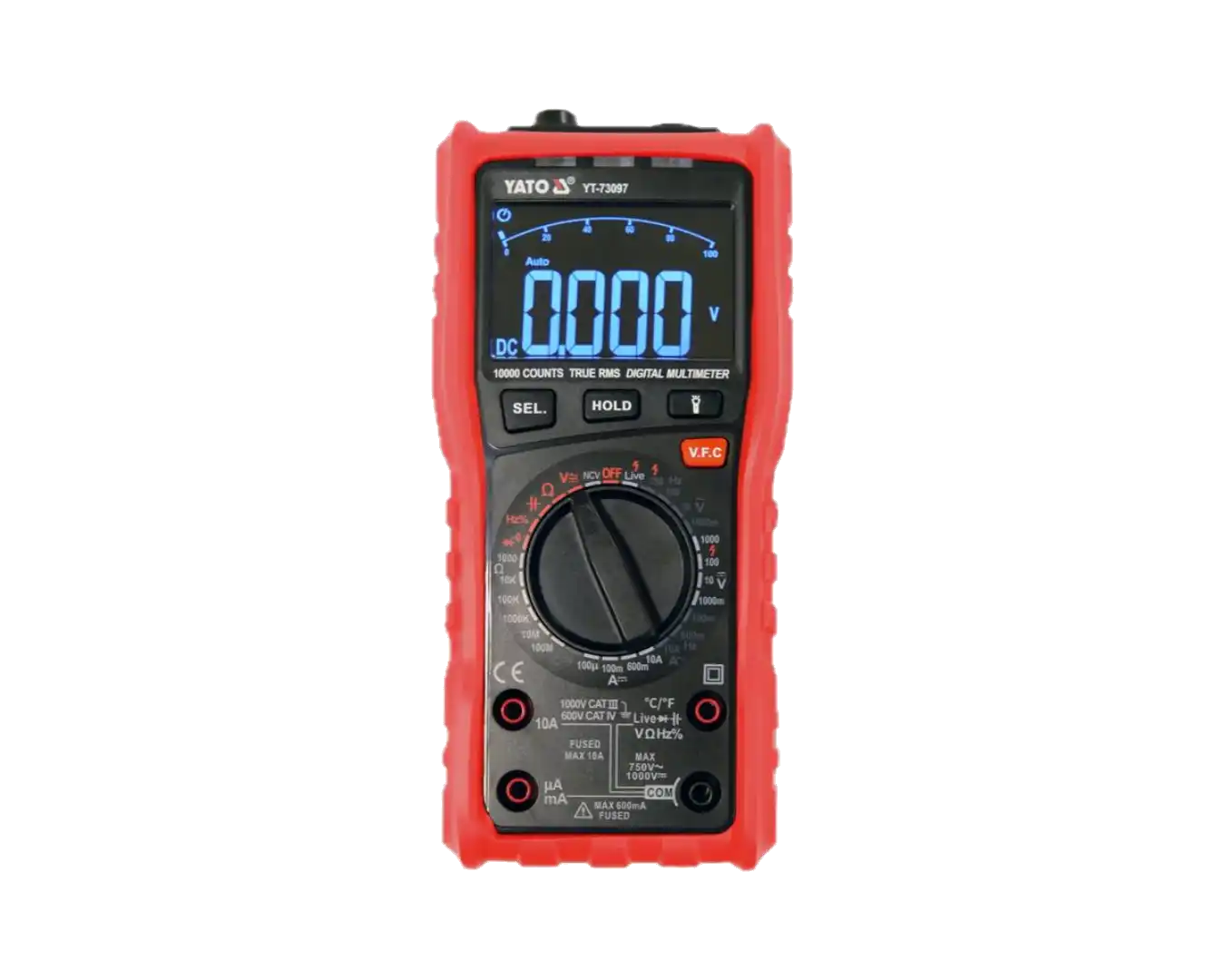 Red digital multimeter on a white background