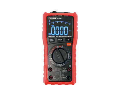 Red digital multimeter on a white background
