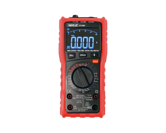 Red digital multimeter on a white background